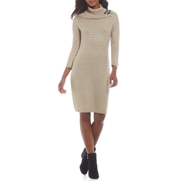 Calvin Klein Textured Cowl Neck Tan‎ Sweater Mini Dress Small - Picture 1 of 9